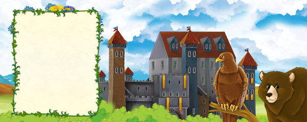 Cartoon nature scene with beautiful castle near the forest with bear and the eagle - illustration for children