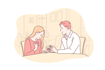 Relationship, romance, love, family concept. Young boyfriend in relationship makes marriage proposal to girlfriend. Romantic man gives ring to woman. Family love. Simple flat vector