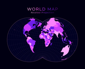 World Map. Nicolosi globular projection. Digital world illustration. Bright pink neon colors on dark background. Creative vector illustration.
