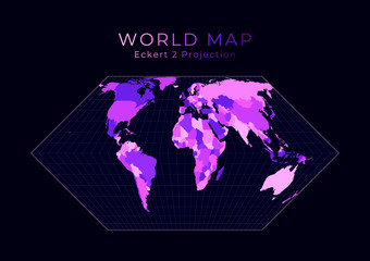 World Map. Eckert II projection. Digital world illustration. Bright pink neon colors on dark background. Artistic vector illustration.
