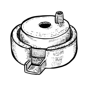 Hand millstones for grain with handle holder. Vintage. Hand realistic drawing. Engraving style vector illustration.