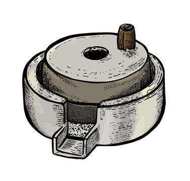 Hand millstones for grain with handle holder. Vintage. Hand realistic drawing. Engraving style vector illustration.