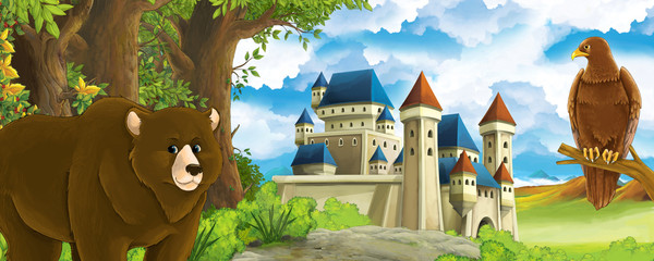 Cartoon nature scene with beautiful castle near the forest with bear and the eagle - illustration for children