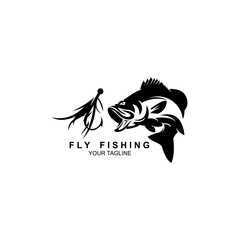 Fishing logo, Black and white illustration of a fish hunting for bait, Trout fishing - logo illustration. Fishing emblem