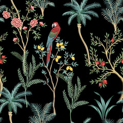 Vintage garden lemon fruit tree, rose tree, plant, macaw parrot floral seamless pattern black background. Exotic chinoiserie wallpaper.