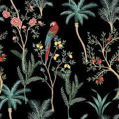 Tapeten Papagei Vintage Garten Zitrone Obstbaum, Rosenbaum, Pflanze, Ara Papagei floral nahtlose Muster schwarzer Hintergrund. Exotische Chinoiserie-Tapete.