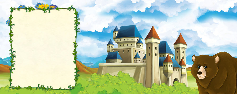 Cartoon nature scene with beautiful castle near the forest with bear - illustration © honeyflavour