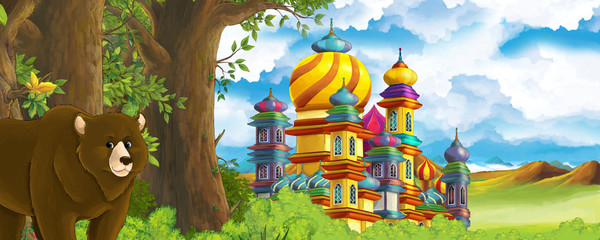 Cartoon nature scene with beautiful castle near the forest with bear - illustration