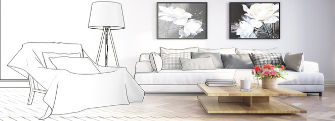 Panorama of a modern living room interior with paintings (sketch) - 3d illustration