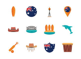 australia animal things famous sites icons set on white background
