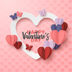 Happy valentines day paper cut style with colorful heart shape in pink background