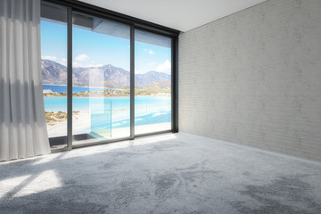 Empty Penthouse Room with Sea View - 3d visualization