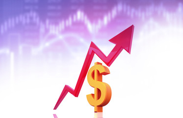 Dollar symbol with arrow graph. Stock market growth. 3d illustration.