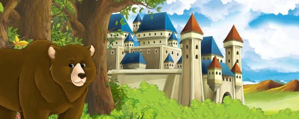 Cartoon nature scene with beautiful castle near the forest with bear - illustration