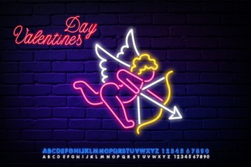 Cupid card neon light vector realistic. Valentine's day Cupid is a lovely symbol with neon text.