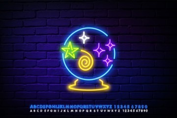 Glowing neon Magic ball line icon isolated on a dark background. Crystal ball. Colorful outline of the concept. vector illustration with neon letters.