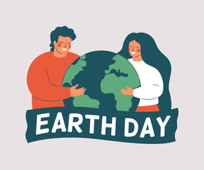 Earth day card. Happy woman and man hold the green planet Earth. Vector illustration of saving planet. Environment conservation and energy saving concept.