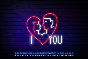 The neon logo, label, emblem with the inscription I love you. Happy Valentine's day. Neon sign, bright sign, light banner with neon letters.