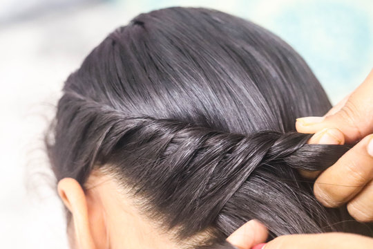 Hair Style Tying Knots Dressing Arranging Beautiful Black Hairs Of Asian Indian Girl