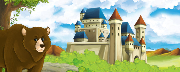 Cartoon nature scene with beautiful castle near the forest with bear - illustration