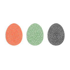 Vector illustration of Easter eggs. Easter eggs decorated with curves, dashes, circles, dots and squares. Red, green and dark gray with white ornaments.