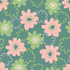 Fototapeta na wymiar seamless colorful hand drawn flower pattern on green background