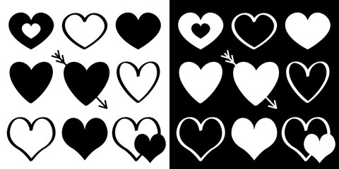 Fototapeta premium Heart silhouette icon set. Different shape, arrow, line. Paper and scribble effect. Happy Valentines day sign symbol template.Love greeting card. Flat design. Isolated. Black White background.