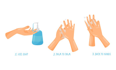 Tips of How to Wash Hands Properly with Illustrated Hands Actions Vector Set
