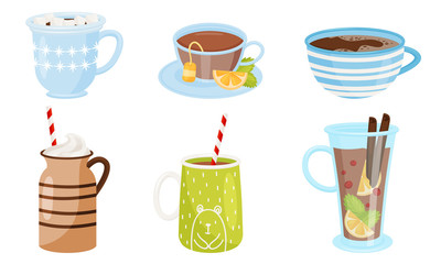 Hot Winter Drinks with Whipped Cream and Marshmallows Vector Set