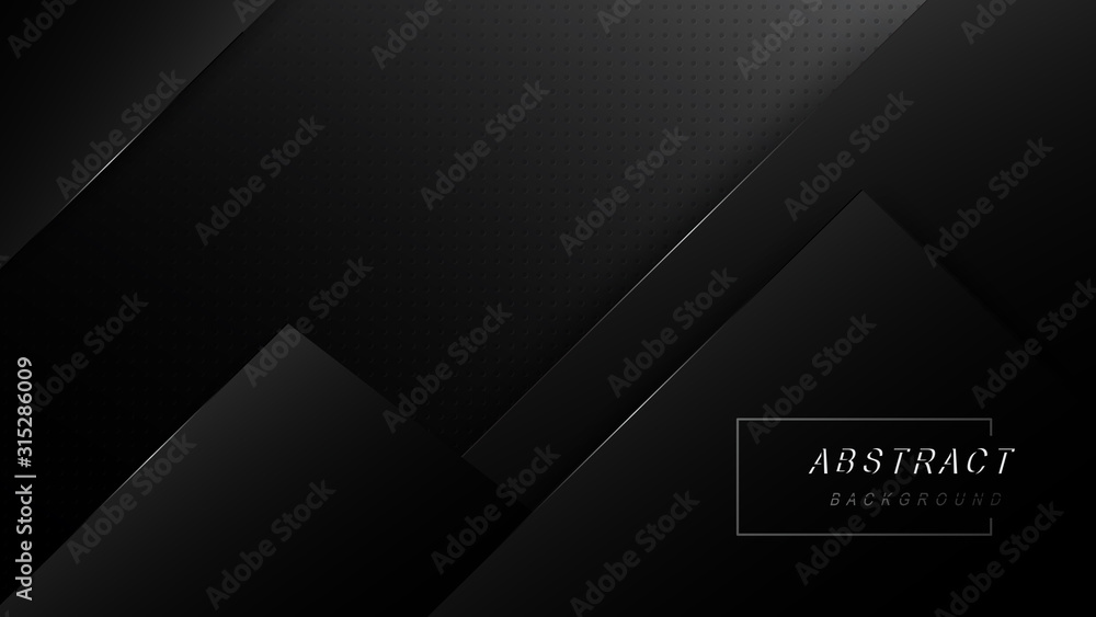 Poster tech dark abstract design with black overlap layers background. texture with metals glitters dots de