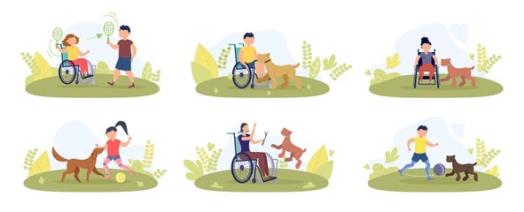 Disabled Children and Adults Outdoor Recreation, Rehabilitation with Animals Trendy Flat Vector Concept. Handicapped Kids, Woman in Wheelchair Playing Badminton, Walking with Dog in Park Illustration