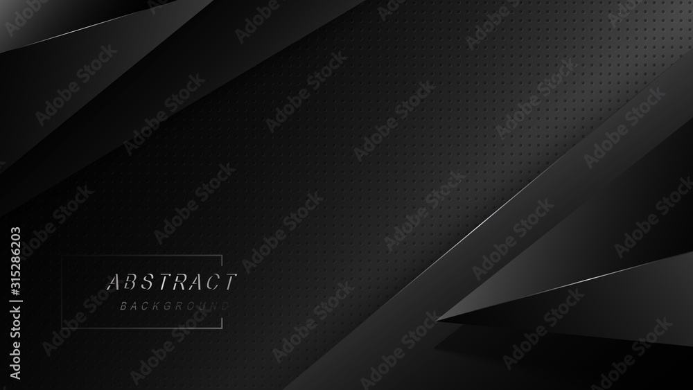 Poster tech dark abstract design with black overlap layers background. texture with metals glitters dots de