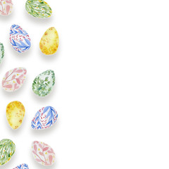 Easter background with bright Eggs, branches and flowers design texture on a white background.  Illustration of celebration for frame, banner, poster, template, greeting card.