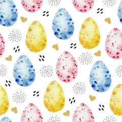 Watercolor hand drawn abstract seamless pattern with multi-color Easter Eggs and doodle elements on a white background. Endless texture for wrapping paper, textile fabric, celebration template.