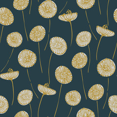 Moving dandelions in ink seamless vector pattern.
