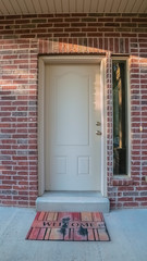 Vertical White entrance door with welcome mat day light