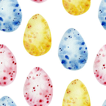 Watercolor hand drawn seamless pattern with multi-color Easter Eggs on a white background. Endless texture for wrapping paper, textile fabric, celebration template.