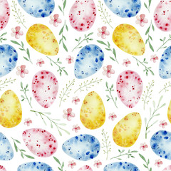 Watercolor seamless pattern with bright Easter Eggs, branches and flowers elements on a white background.  Illustration of celebration wrapping paper, template, greeting card, textile fabric.