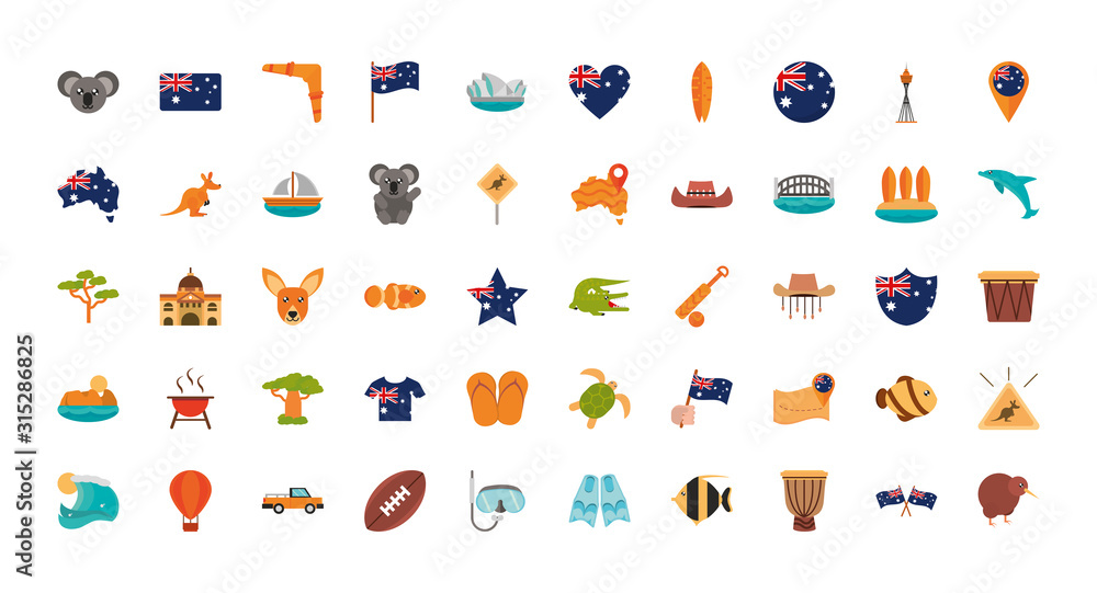 Wall mural australia animal things famous sites icons set on white background