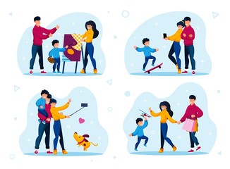 Fototapeta premium Modern Family Recreation and Leisure Trendy Flat Vector Concepts Set. Parents with Children Visiting Drawing Lessons, Making Memorable Photos, Buying Toys, Shopping Together Isolated Illustrations