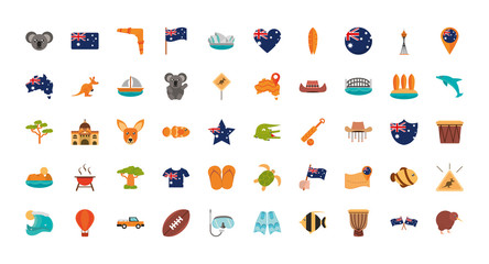 australia animal things famous sites icons set on white background
