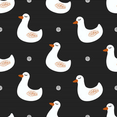 seamless hand drawn white duck  with silver got glitter pattern on black stripe background
