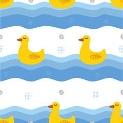 seamless hand drawn yellow duck and lake with silver triangle glitter pattern background