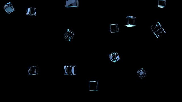 Abstract motion of cubes of ice on black background.  3d illustration of a cubes of ice. 