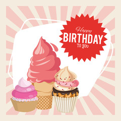 happy birthday celebration party tasty cupcakes and ice cream