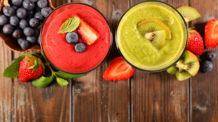smoothie, berry juice with blueberry, top view