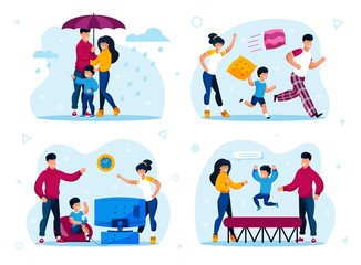Fototapeta premium Happy Family Relationships, Children Discipline and Education, Healthy Lifestyle, Outdoor Activity Trendy Flat Vector Concepts Set Isolated on White Background. Parents Playing with Kids Illustrations