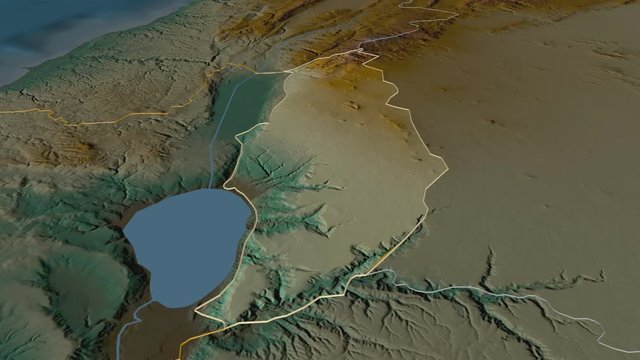 Golan, district with its capital, zoomed and extruded on the relief map of Israel in the conformal Stereographic projection. Animation 3D