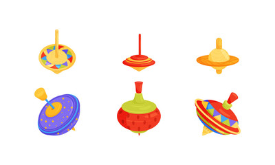 Whirligig Toy Vector Set. Colorful Childish Pegtop Collection