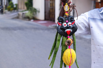 Religious Traditional Horror Face Lemon Sacred Thread Hold By Hand Of Man Used To Keep Away Anti...